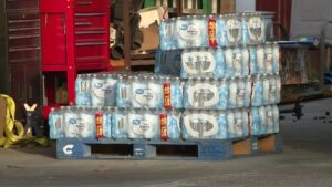 Bottled water stacked in warehouse